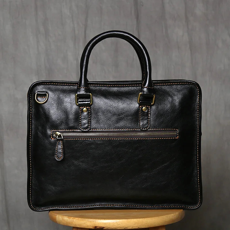 NZPJ Retro Men's Briefcase Leather Laptop Bag Top Layer Cowhide Casual Handbag 14 Inch Business Shoulder Bag Messenger Bag