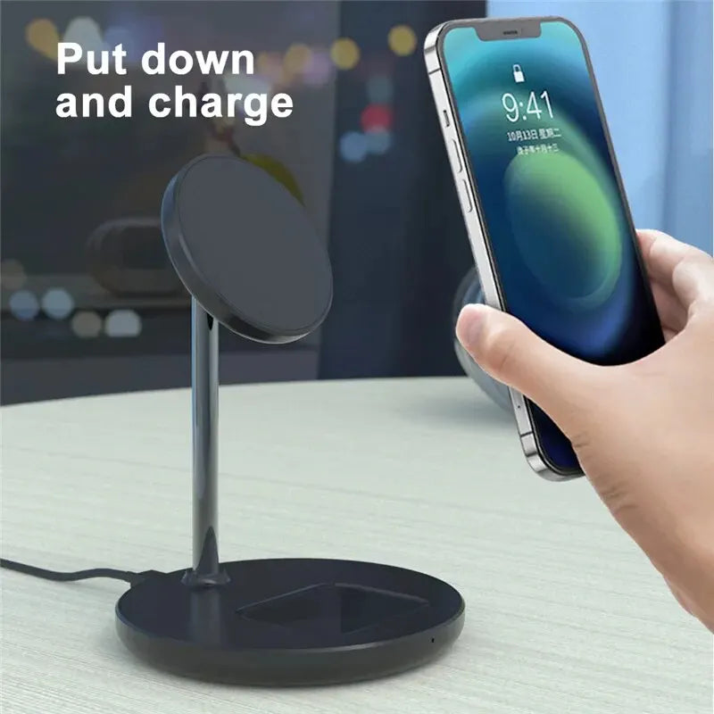 2 in 1 Magnetic Wireless Charger Stand Holder Desktop Mobile Phone Charging Station Dock For iPhone 15 14 13 12 Pro Max AirPods