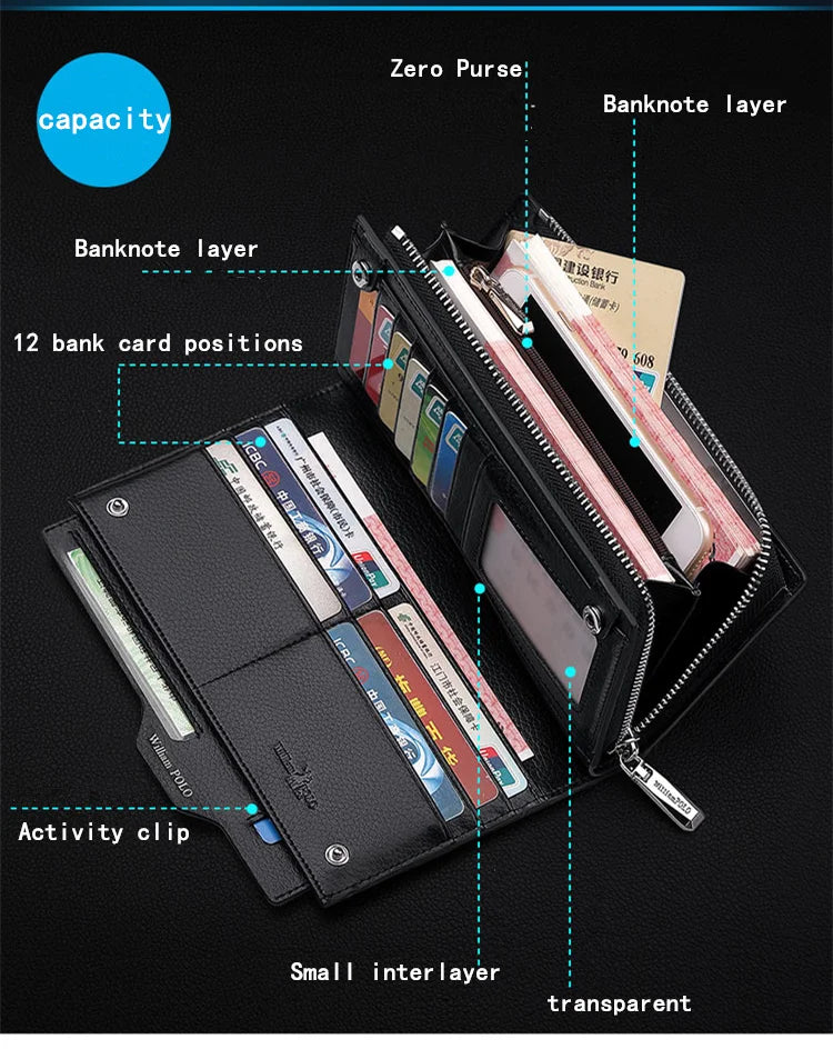 WilliamPOLO Male Genuine Leather Wallets Men Wallet Credit Business Card Holders Fashion Mobile Phone Bag Zipper Purse Handbag