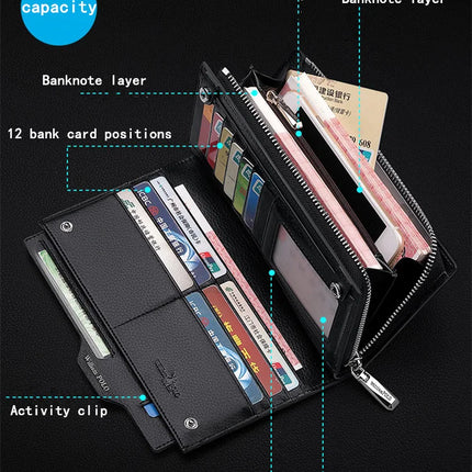 OKEYWOW WilliamPOLO men's genuine leather wallet with zipper, card holder, and business phone bag, black leather purse.