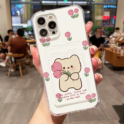 Transparent soft iPhone bear case with card holder for models 11 to 16/15/14/13/12/XS/SE, by OKEYWOW, shown on a smartphone.