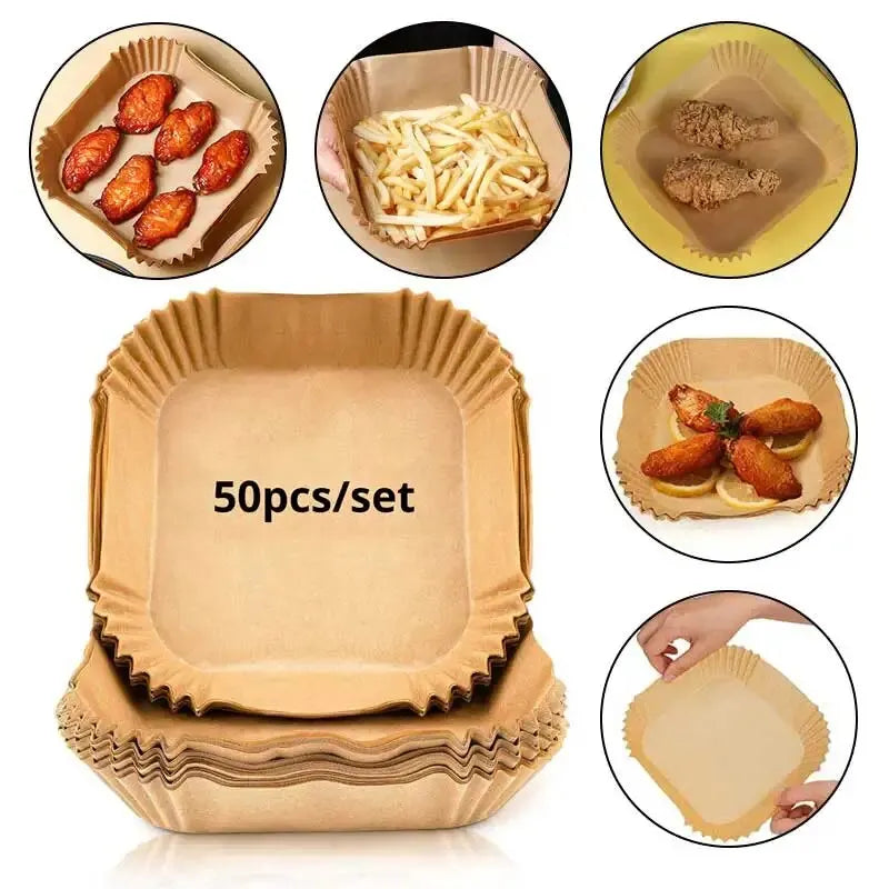 50-Piece Air Fryer Liners Set: Disposable Wood Pulp Parchment Papers for Baking & Steaming