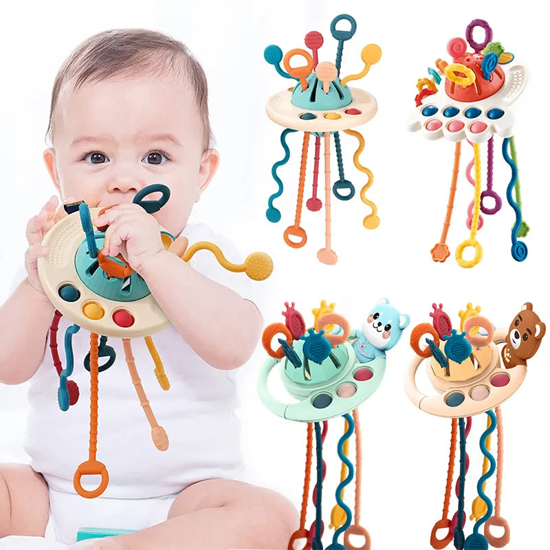 Baby Montessori Pull String Sensory Toys: Silicone Teething Activity Toys for Kids Aged 6-12 Months, Promotes Development and Education