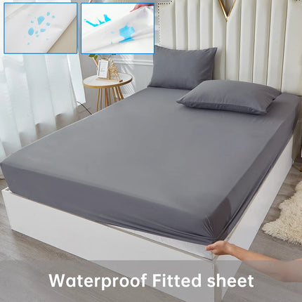 Waterproof Bed Sheet Set 3/4pcs Fitted Sheet Pillowcases Soft Queen King Twin White Gray