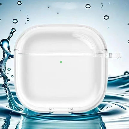 Transparent TPU case for AirPods 4th Gen by OKEYWOW, showing a clear protective cover fitting the earphone charging case.