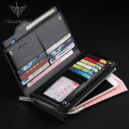 WilliamPOLO men's genuine leather wallet with zipper, card holder, and phone pocket, crafted by OKEYWOW.
