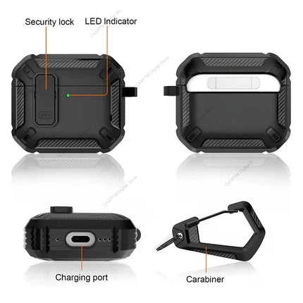 OKEYWOW AirPods 4 security lock case with TPU and PC protective cover and hook, designed for 4th generation wireless earbuds.