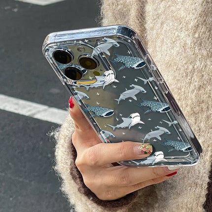 OKEYWOW iPhone clear silicone case with shark, dolphin, and fish design, shockproof cover for iPhone 11, 12, 13, 14, 15, 16 Pro Max, XR, XS, SE