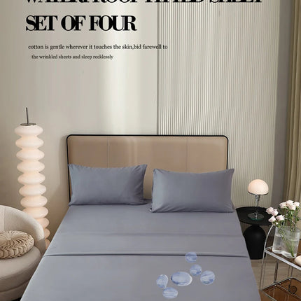 Waterproof Bed Sheet Set 3/4pcs Fitted Sheet Pillowcases Soft Queen King Twin White Gray