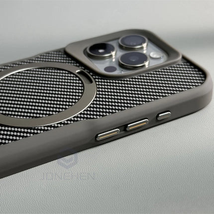Soft Rubber MagSafe Case for iPhone 16/15/14/13/12 Pro Max Carbon Fiber Metal Bracket Cover
