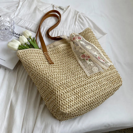 Women Woven Tote Bag Summer Large Capacity Shoulder Handbag Grass Straw Handmade Bag