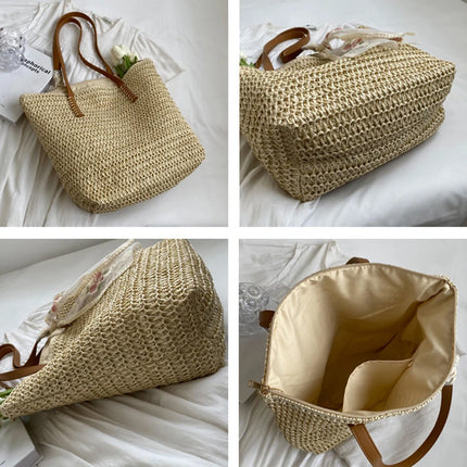 Women Woven Tote Bag Summer Large Capacity Shoulder Handbag Grass Straw Handmade Bag