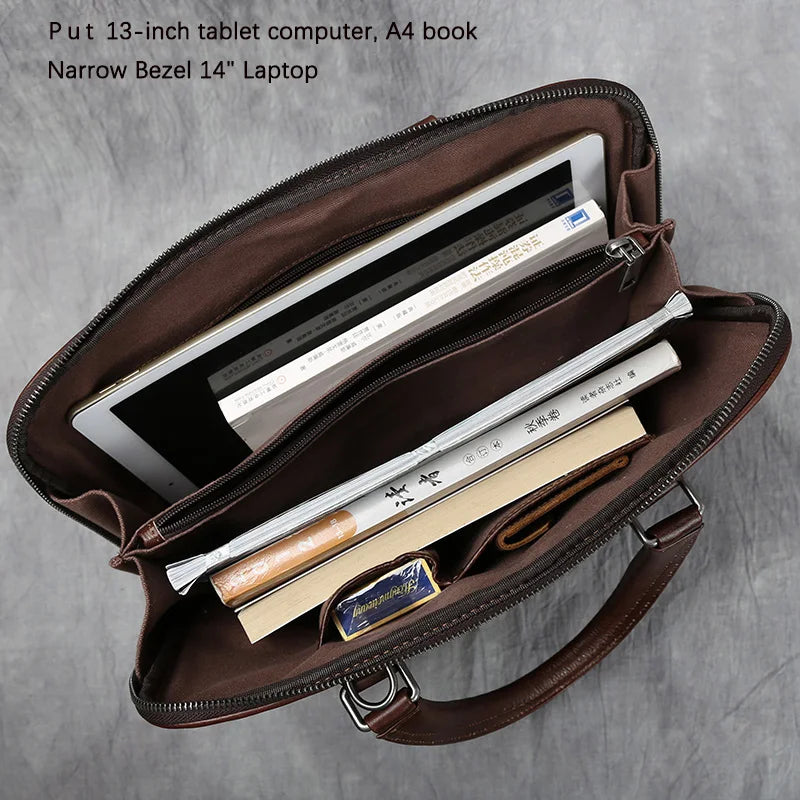 Vintage Men's Briefcase Top Layer Cowhide Casual Handbag Leather Business Shoulder Messenger Bag Brown 14 Inch Laptop Bag NZPJ