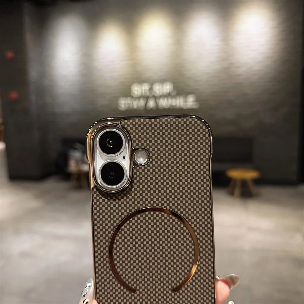 Luxury Kevlar Pattern For Magsafe Slim Frameless Phone Case For iPhone 16 17 Air 15 14 13 Pro Max Wireless Charging Plated Cover