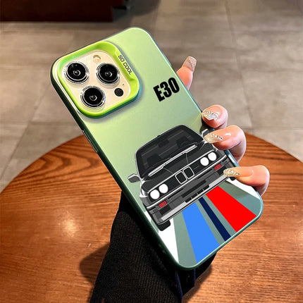 OKEYWOW iPhone E30 car case with laser-etched PC and TPU shockproof cover for iPhone 11 to 16 series, durable and protective.