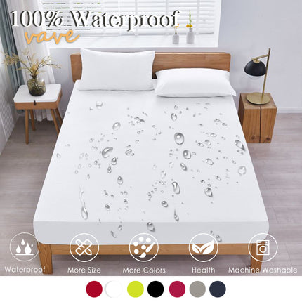 Waterproof fitted bed sheet by OKEYWOW, elastic anti-slip mattress protector in single, double, queen, or king sizes on a bed.
