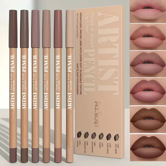 Velora Beauty 6pcs Velvet Matte Lip Liner Set Waterproof Long Lasting Brown Shades