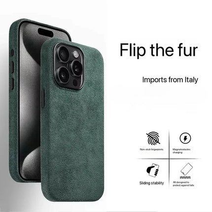 MilanoLux Fur Flip MagSafe Case for iPhone 17/16/15 Pro Max Suede Leather Luxury Cover