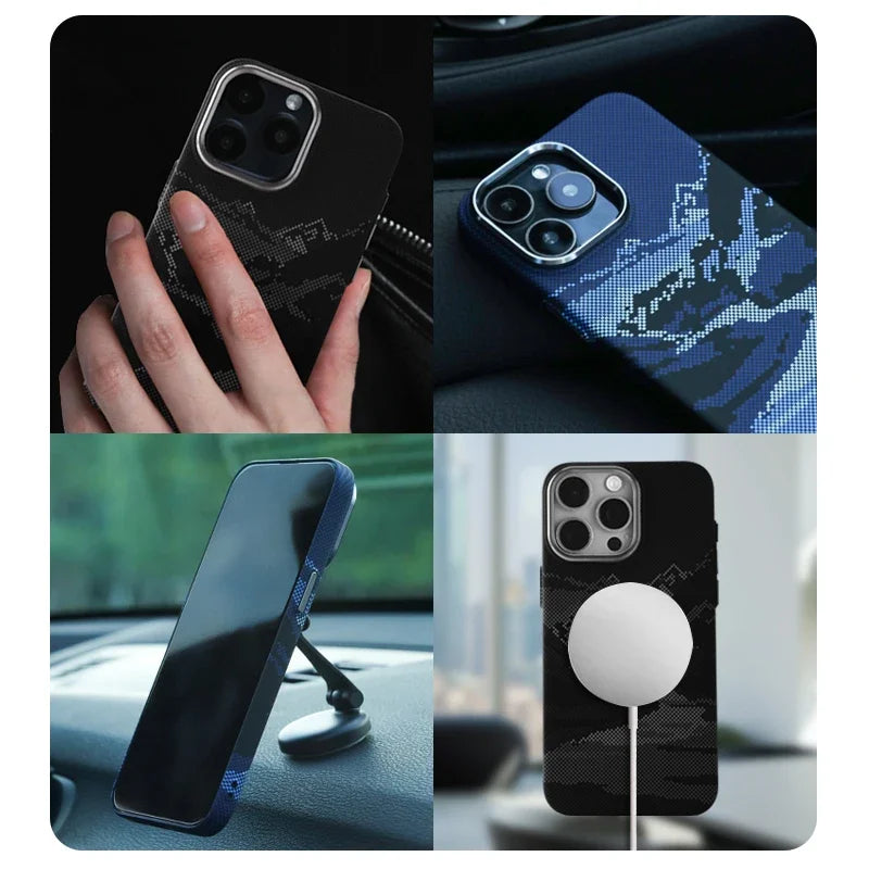 Abstract Landscape Relief MagSafe Phone Case for iPhone 16 15 14 Pro Max 16Pro Wireless Charging Alloy Lens Shield Hard PC Cover