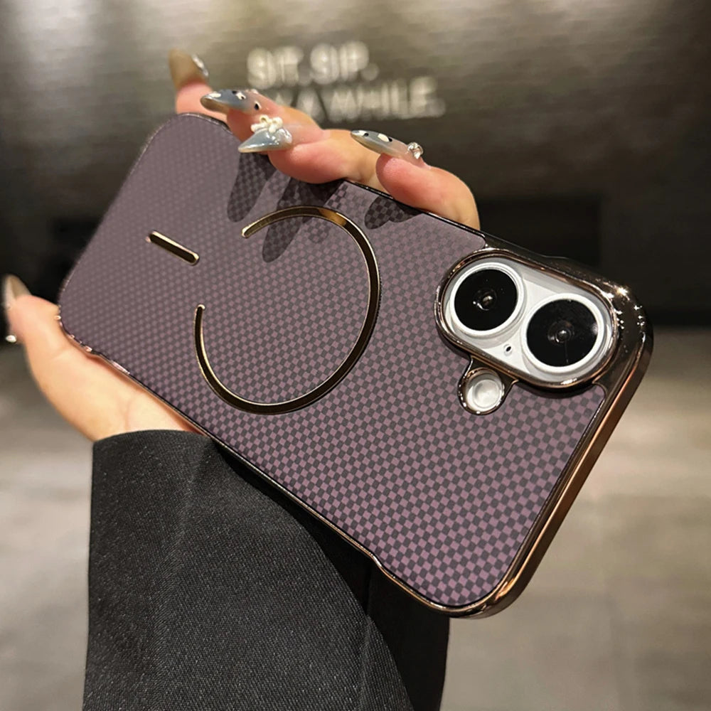 Luxury Kevlar Pattern For Magsafe Slim Frameless Phone Case For iPhone 16 17 Air 15 14 13 Pro Max Wireless Charging Plated Cover