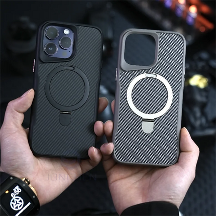 Soft Rubber MagSafe Case for iPhone 16/15/14/13/12 Pro Max Carbon Fiber Metal Bracket Cover