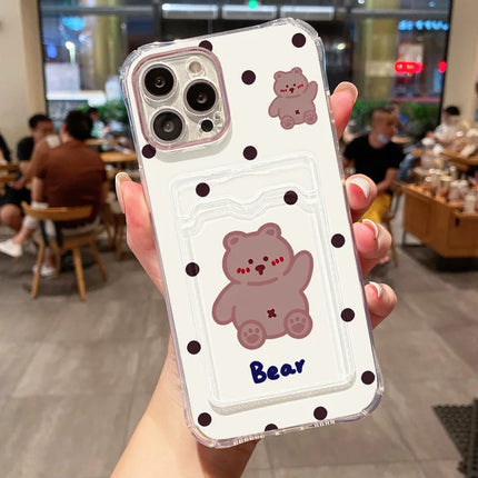 Transparent soft iPhone bear case by OKEYWOW with card holder for iPhone 12, 13, 14, 15, 16 Pro Max, XR, XS, SE models.