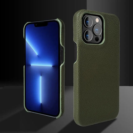 Luxury genuine leather business case for iPhone 12-15 Pro Max by okeyWOW, showcasing sleek brown leather and precise fit.
