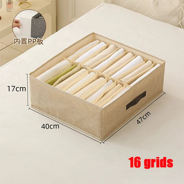 OKEYWOW clothes organizer storage box with compartments for pants, sweaters, and T-shirts in a wardrobe drawer.