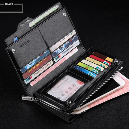 OKEYWOW WilliamPOLO men's genuine leather wallet with zipper, card holder, business phone bag, and purse in black leather.