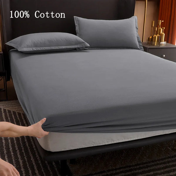 Solid color washable 100% cotton Mattress cover Anti-slip fitted sheet for Single Double King Queen Bed1.5m 1.8m 2.0m