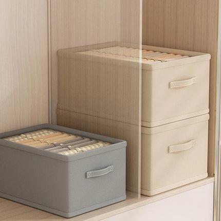 OKEYWOW jeans and underwear storage organizer box with dividers for bras, socks, and clothing, keeps wardrobe tidy.