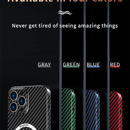 OKEYWOW iPhone carbon fiber case with ultra-thin design and camera protection for models 11 to 17, hard back cover, sleek black finish