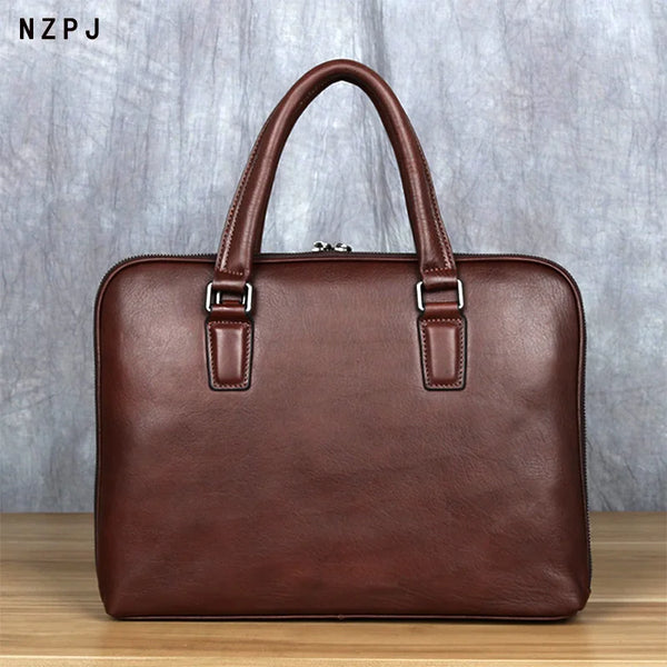 Vintage Men's Briefcase Top Layer Cowhide Casual Handbag Leather Business Shoulder Messenger Bag Brown 14 Inch Laptop Bag NZPJ