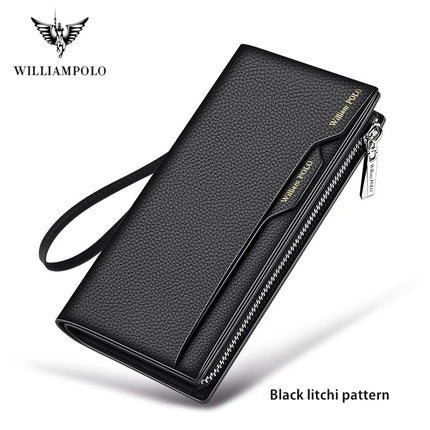 WilliamPOLO men's genuine leather wallet with zipper, card holder, and business phone bag in black leather.