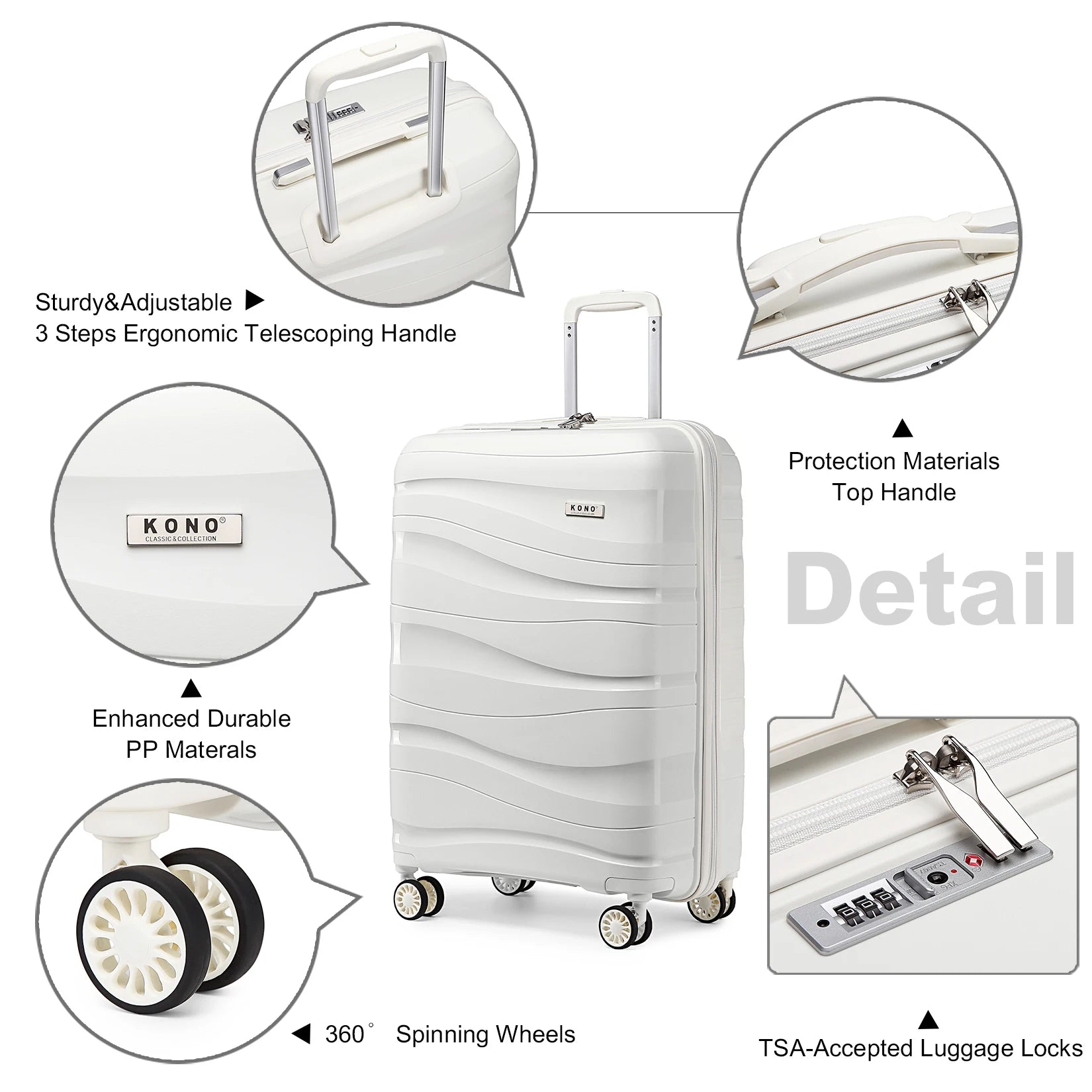 Kono Large Check in Luggage Lightweight Polypropylene Hard Shell Suitcase with TSA Lock Spinner Wheels