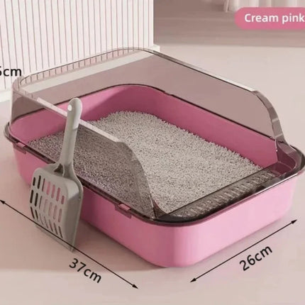 OKEYWOW semi-enclosed kitty cat litter box with splashproof design and tray for easy cleaning and odor control.
