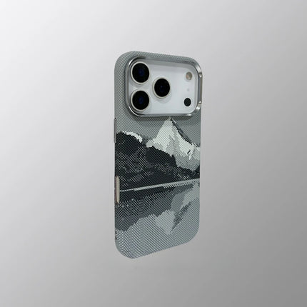 OKEYWOW iPhone 15/16/17 Pro Max magnetic snow mountain case with matte finish, hard PC protection, and camera lens cover.