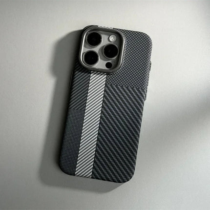 OKEYWOW iPhone 16/15/14 Pro Max carbon fiber geometric MagSafe case with magnetic charging and camera protection.