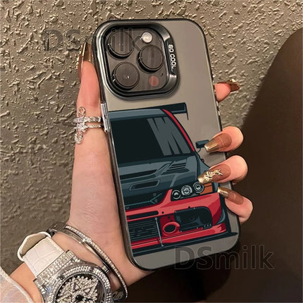 OKEYWOW iPhone JDM car case with laser-etched design, shockproof PC and TPU cover for iPhone 11 to 16 and Pro Max models.