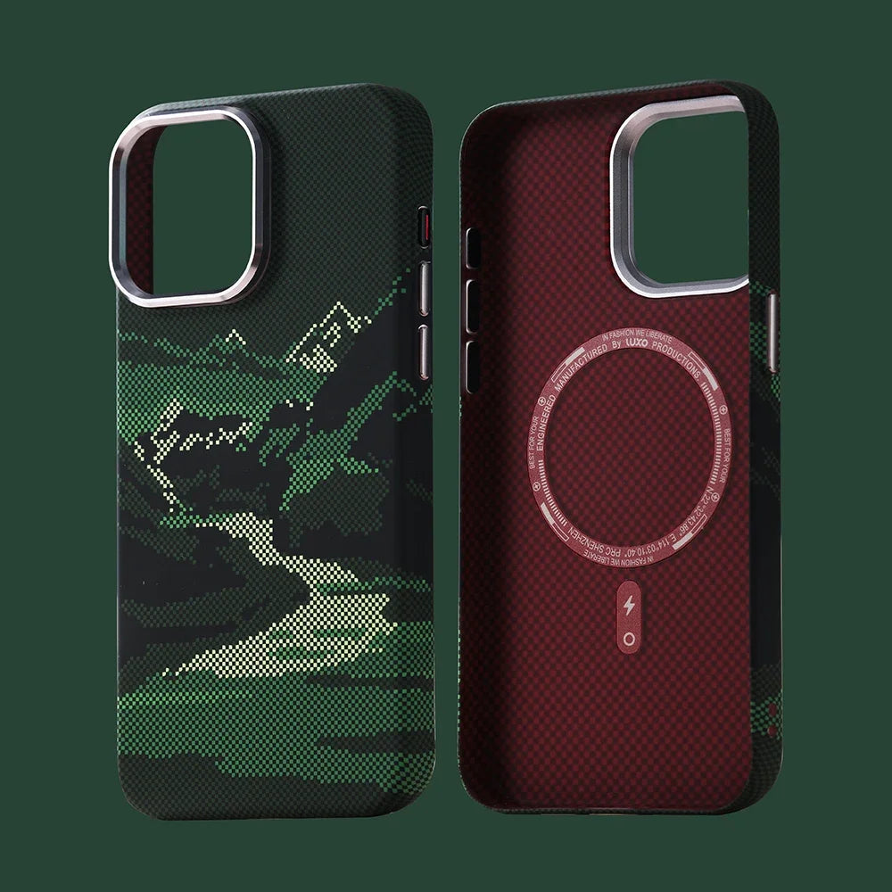 Abstract Landscape Relief MagSafe Phone Case for iPhone 16 15 14 Pro Max 16Pro Wireless Charging Alloy Lens Shield Hard PC Cover
