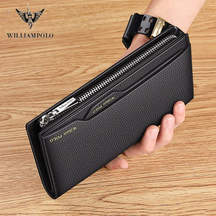 WilliamPOLO men's genuine leather wallet with zipper, card holder, business phone bag, and purse in black leather.
