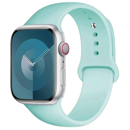 OKEYWOW Apple Watch silicone sport strap for Series 9, Ultra, SE, and 3 in 38mm to 49mm sizes, black color, flexible and comfortable.