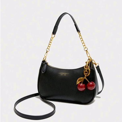 Luxury Cherry Pendant Shoulder Bag by OKEYWOW, soft lychee leather with dumpling shape, casual women's underarm handbag.