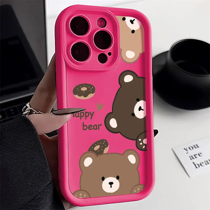 OkeyWow silicone cartoon bear iPhone case for models 11 to 16, soft shockproof cover with colorful bear design on a black background.