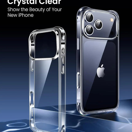 OKEYWOW clear shockproof bumper case for iPhone 17, 17 Pro, and 17 Pro Max with anti-yellowing, protective cover featuring a slim design.