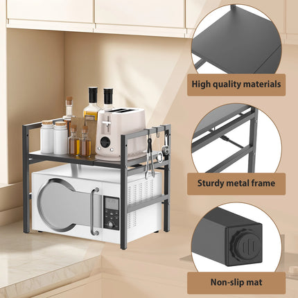 2-Tier Microwave Rack Expandable Kitchen Counter Organizer with Hooks Storage Shelf