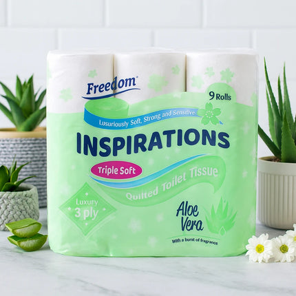 OKEYWOW Freedom Quilted Aloe Vera 3-ply toilet tissue 9-pack, soft and luxurious bathroom rolls with quilted design.