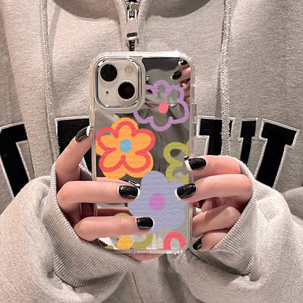 OKEYWOW iPhone flower mirror silicone shockproof case for models 11 to 16, featuring a floral design and mirror finish.