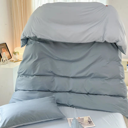 OkeyWow solid color brushed fabric bedding set with duvet cover, pillowcases, bed sheet, and quilt cover in various sizes.