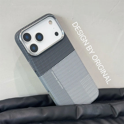 OkeyWOW iPhone 17/16/15 Pro Max carbon fiber color clash MagSafe shockproof bumper case on a phone with a sleek design.